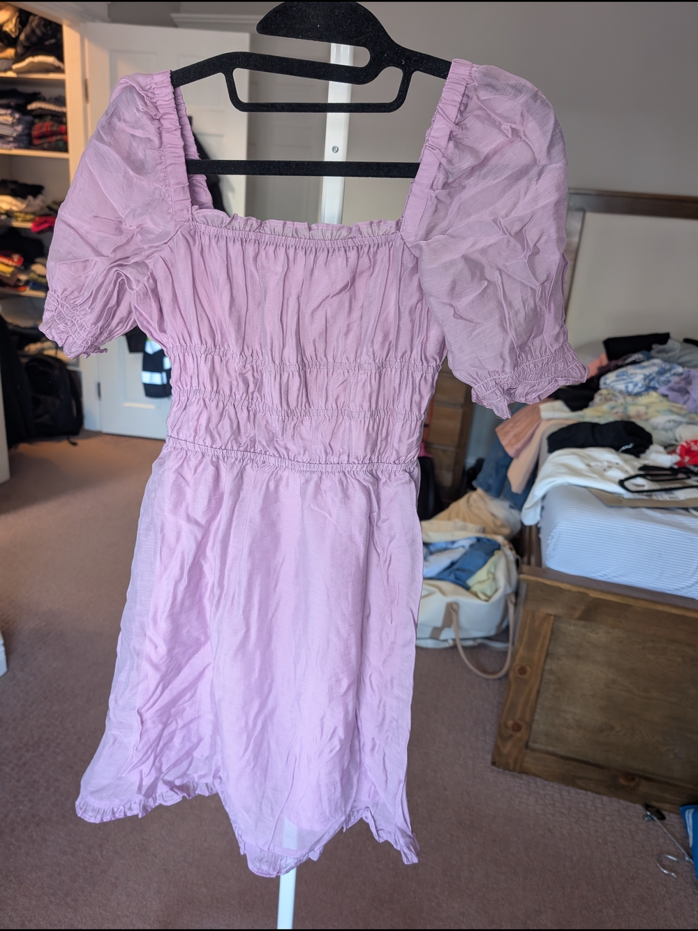 Divided Lavender-Pink Smocked Puff-Sleeve Mini Dress